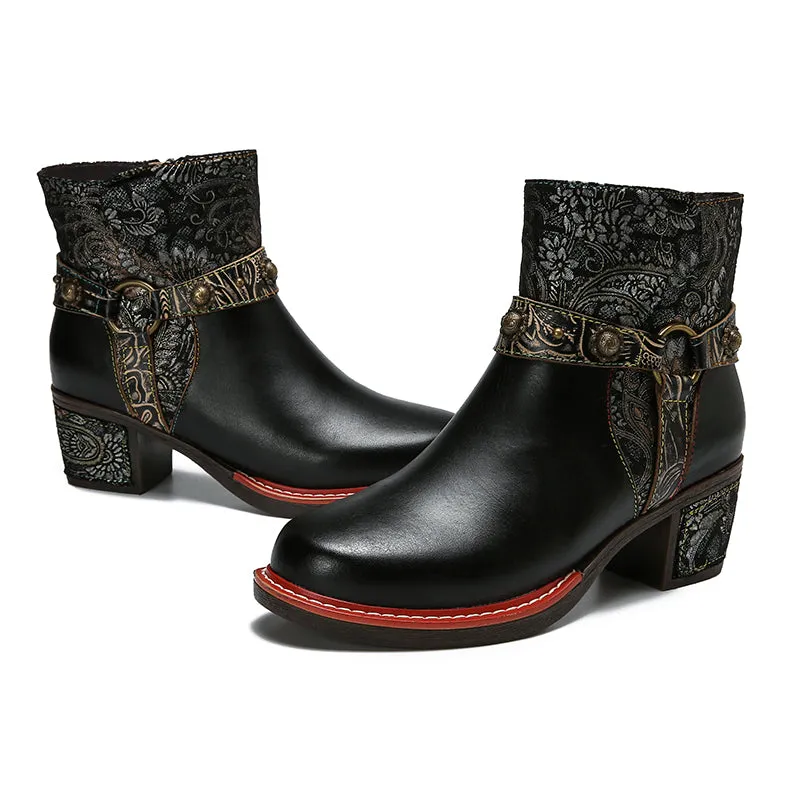 CrazycatZ Womens  Boots Floral Block Heel Leather Western Boots Colorful Leather Boots Black