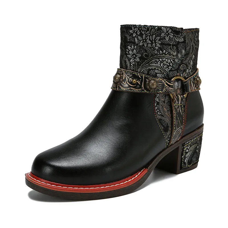 CrazycatZ Womens  Boots Floral Block Heel Leather Western Boots Colorful Leather Boots Black