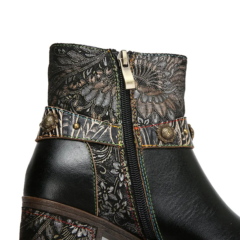 CrazycatZ Womens  Boots Floral Block Heel Leather Western Boots Colorful Leather Boots Black