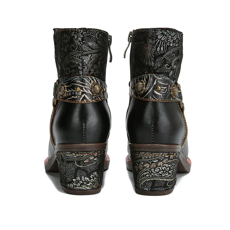 CrazycatZ Womens  Boots Floral Block Heel Leather Western Boots Colorful Leather Boots Black