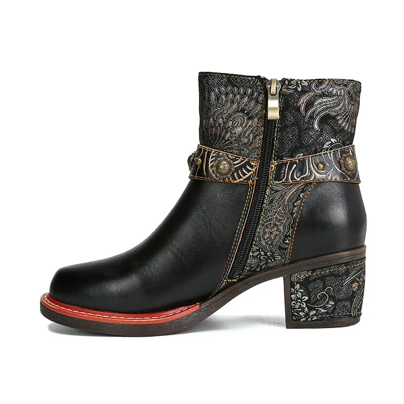 CrazycatZ Womens  Boots Floral Block Heel Leather Western Boots Colorful Leather Boots Black
