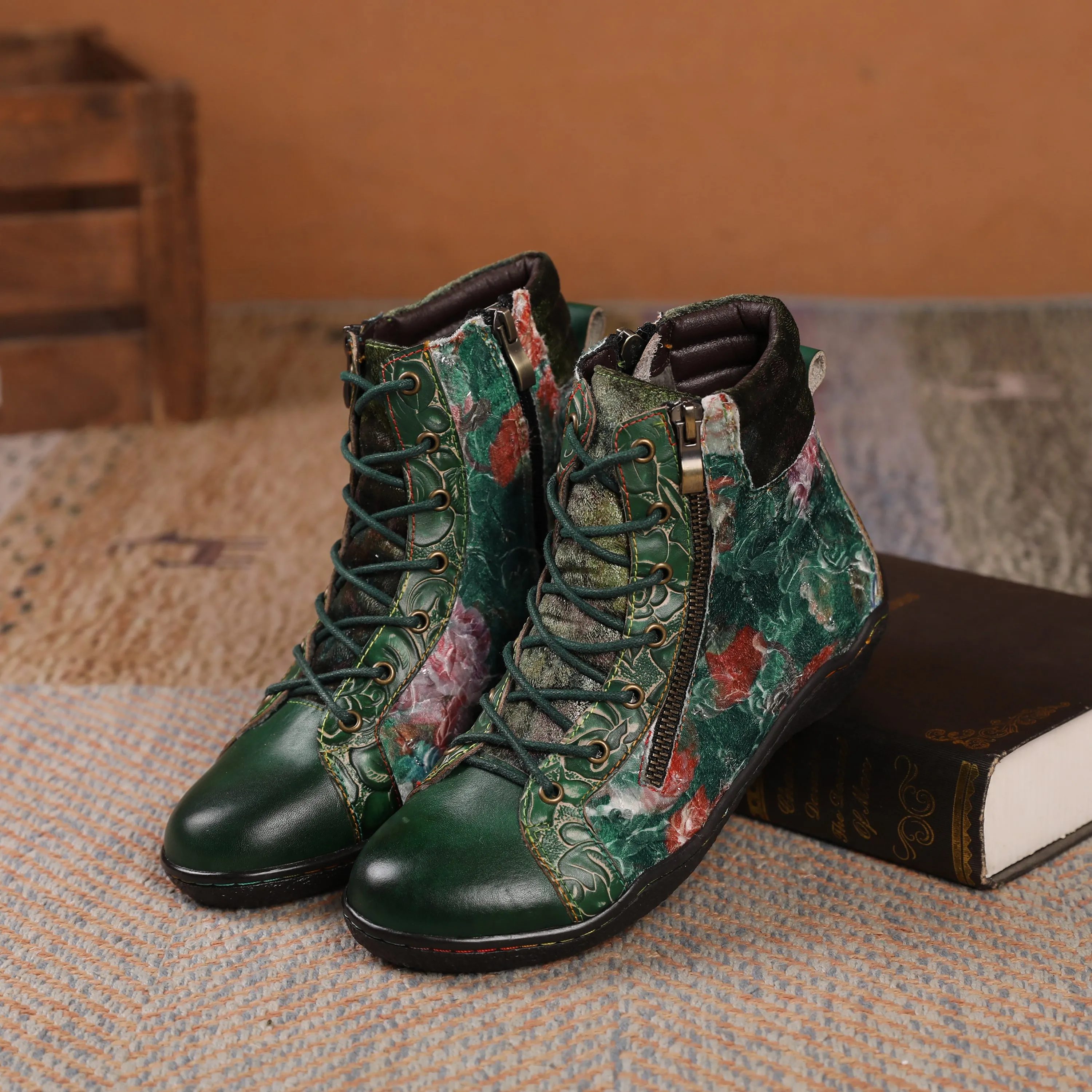 CrazycatZ Womens  Boots Sport Leather Western Boots Colorful Leather Boots Green Floral