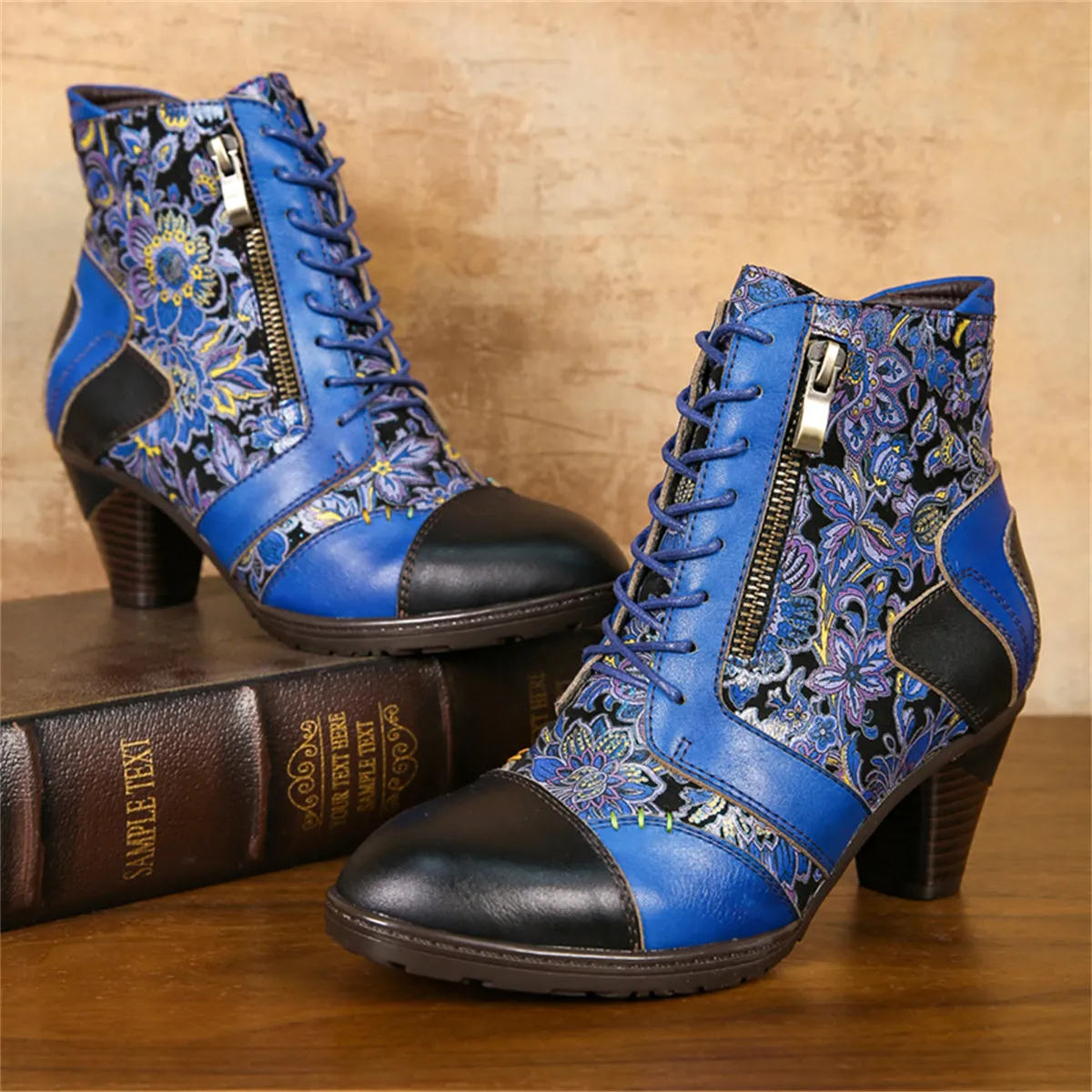 CrazycatZ Womens Leather Ankle Boots Bohemian Block Heel Colorful Floral Leather Boots Lake Blue