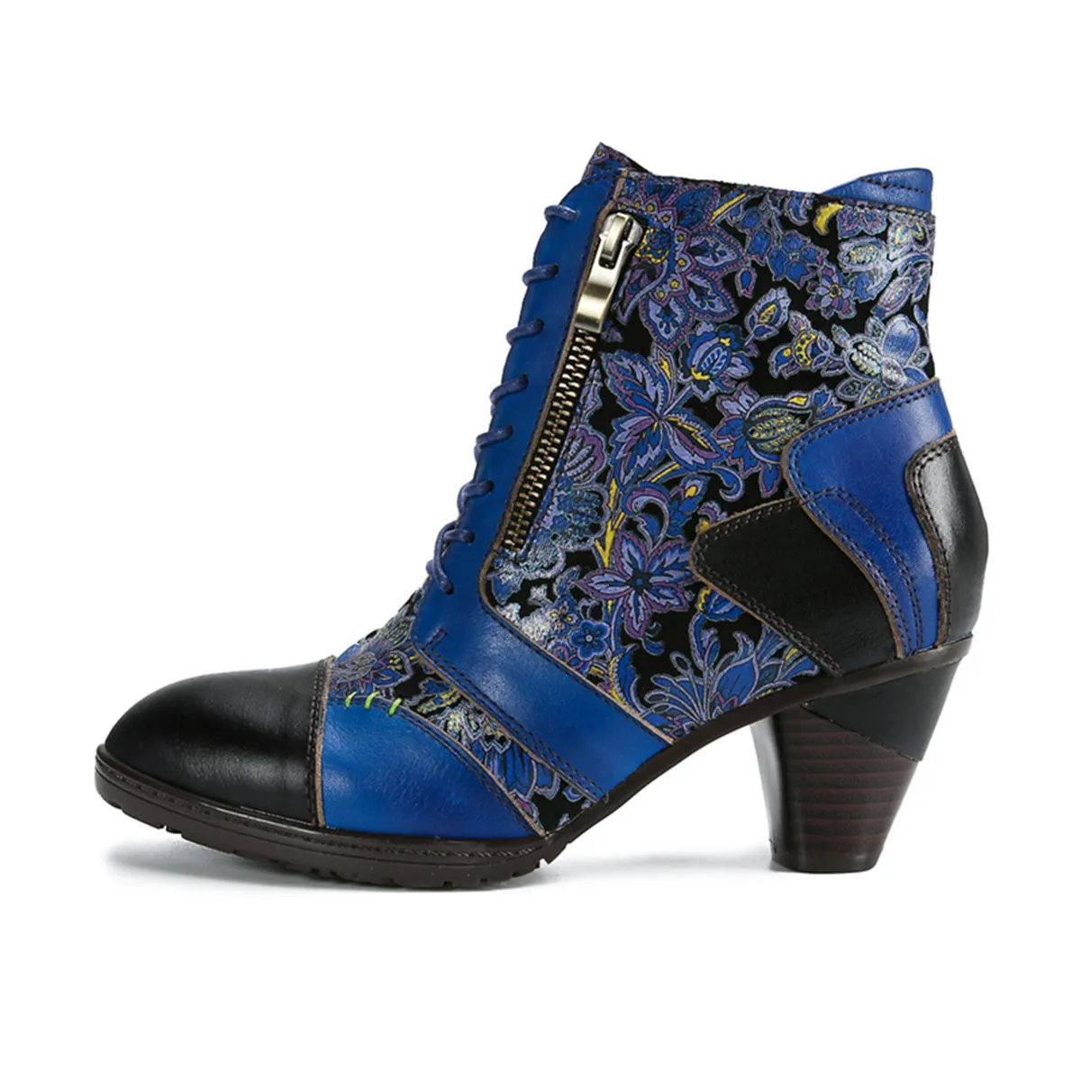 CrazycatZ Womens Leather Ankle Boots Bohemian Block Heel Colorful Floral Leather Boots Lake Blue