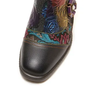 CrazycatZ Womens Leather Ankle  Boots Colorful Leather Buttoned Vintage Boots Block Heels
