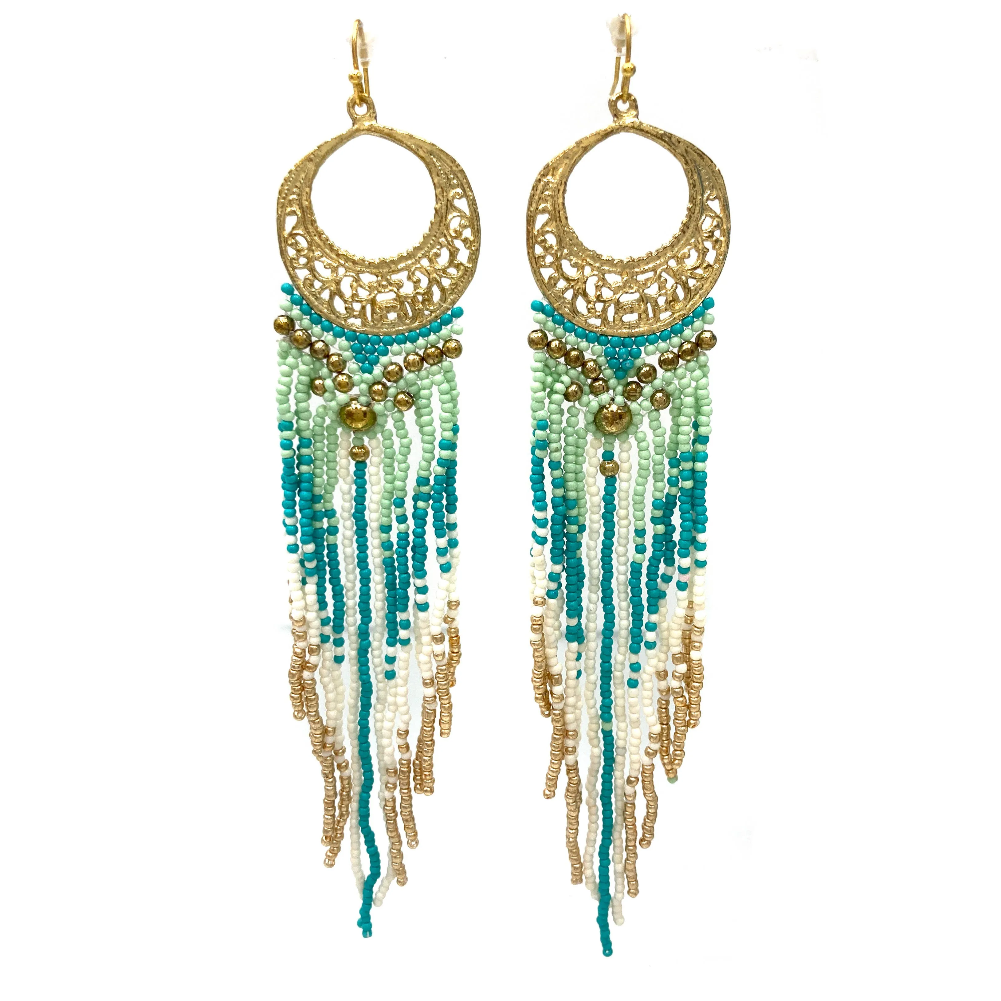 Crescent Flowers Chandelier Fringe Long Seed Bead Earrings: Black