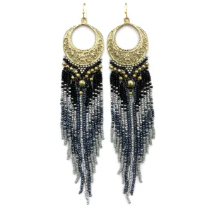 Crescent Flowers Chandelier Fringe Long Seed Bead Earrings: Black
