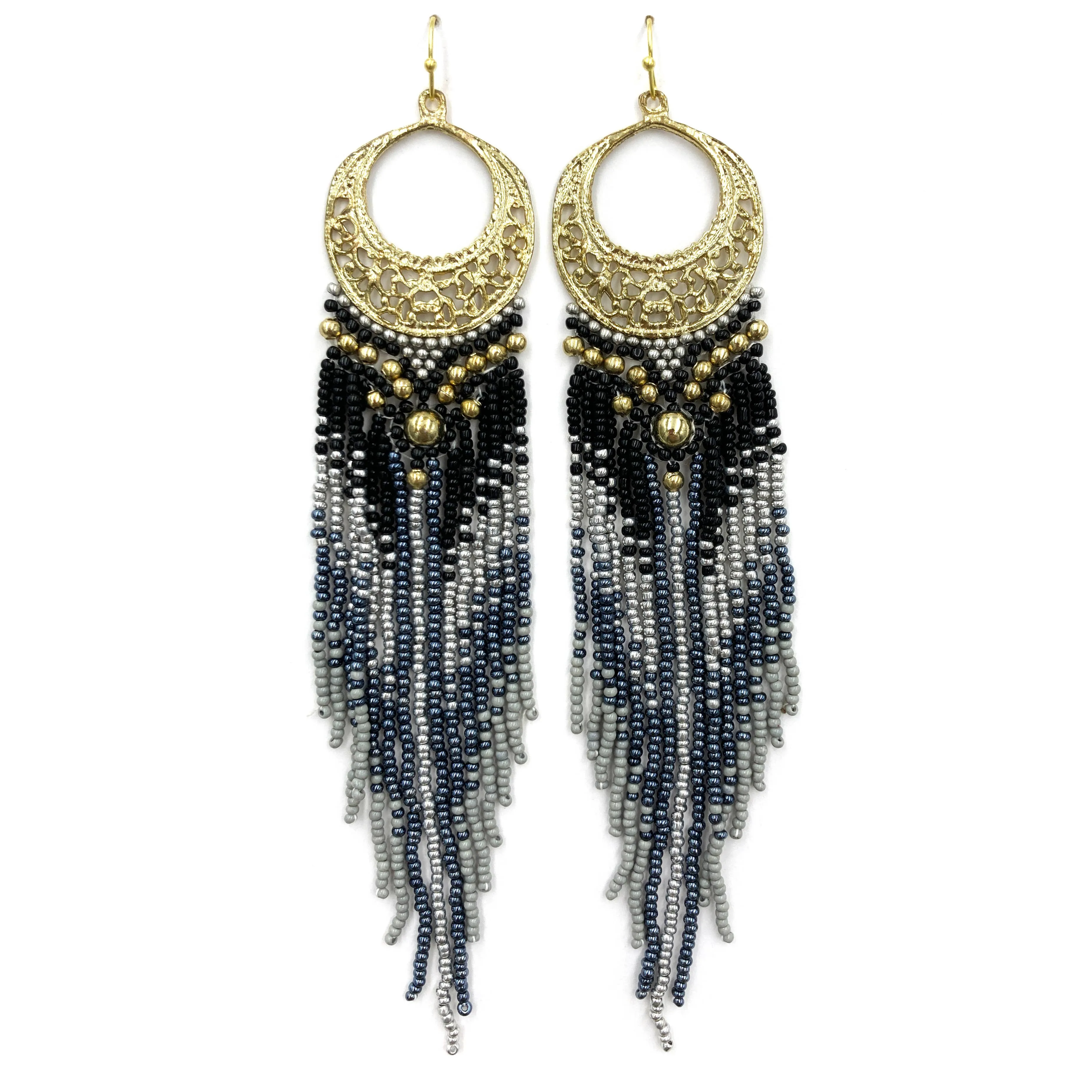 Crescent Flowers Chandelier Fringe Long Seed Bead Earrings: Black