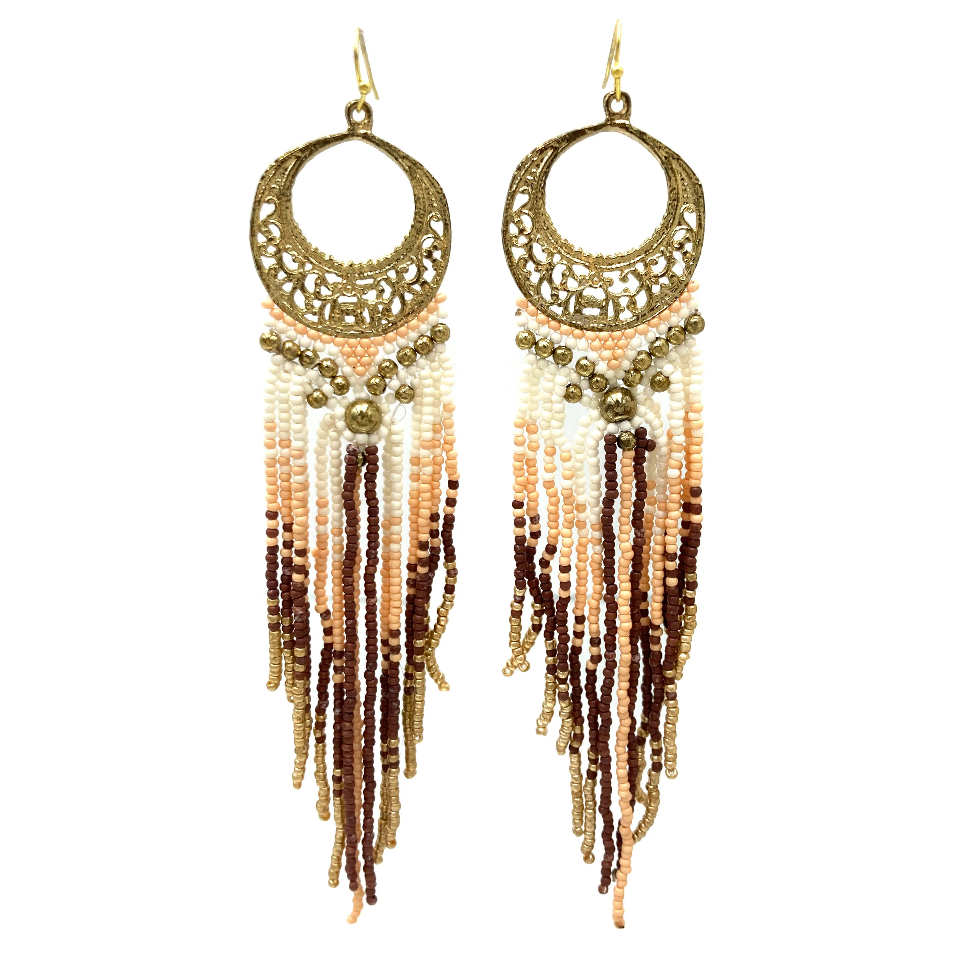 Crescent Flowers Chandelier Fringe Long Seed Bead Earrings: Black
