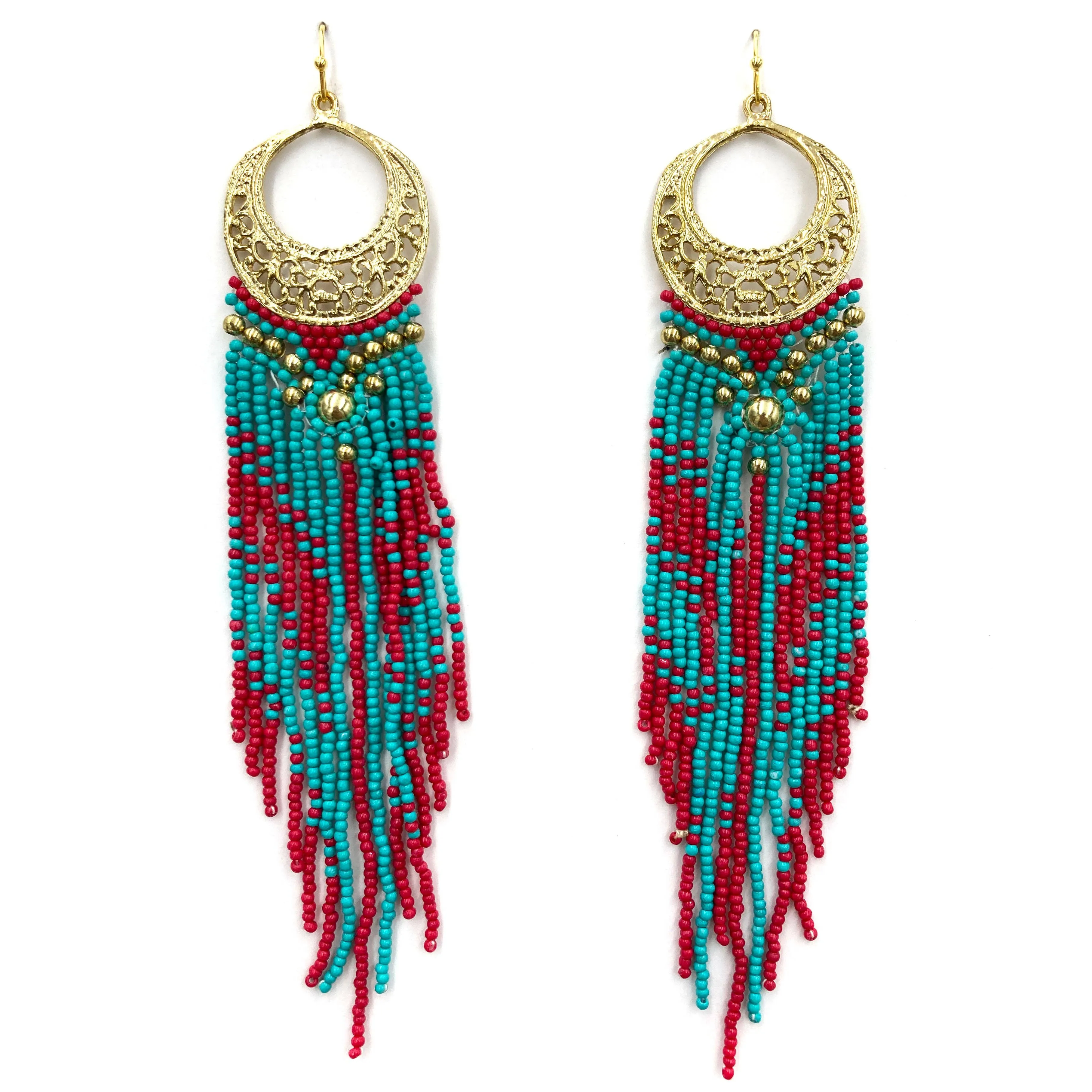 Crescent Flowers Chandelier Fringe Long Seed Bead Earrings: Black