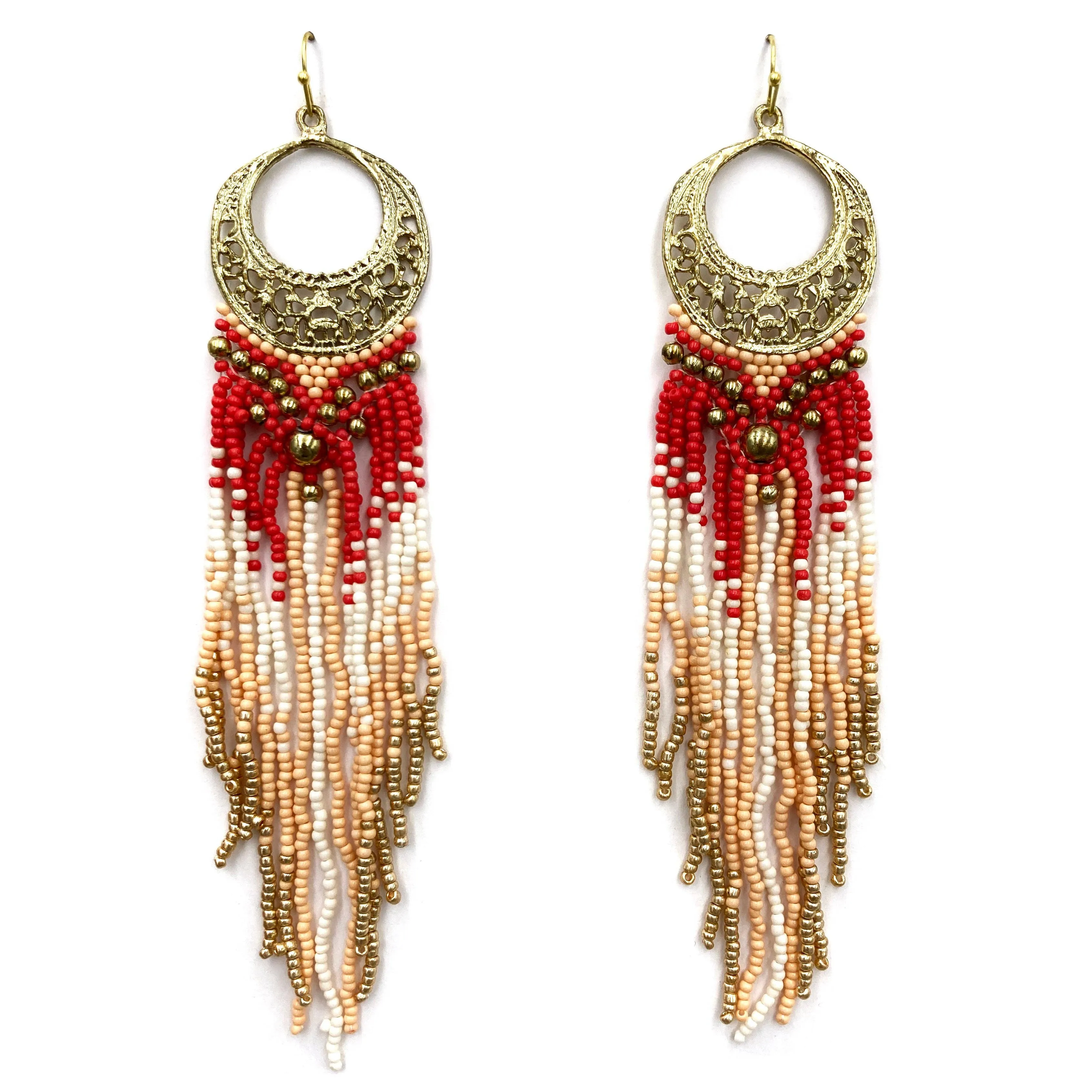 Crescent Flowers Chandelier Fringe Long Seed Bead Earrings: Black