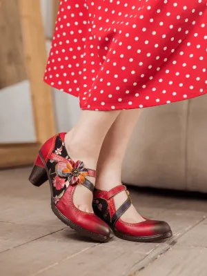 Crimson Flower Appliqued Leather Mary Jane