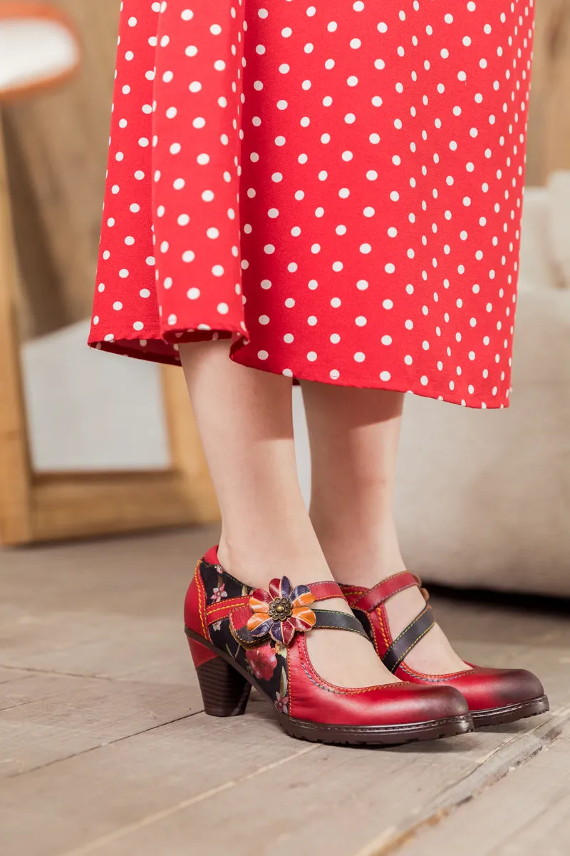 Crimson Flower Appliqued Leather Mary Jane