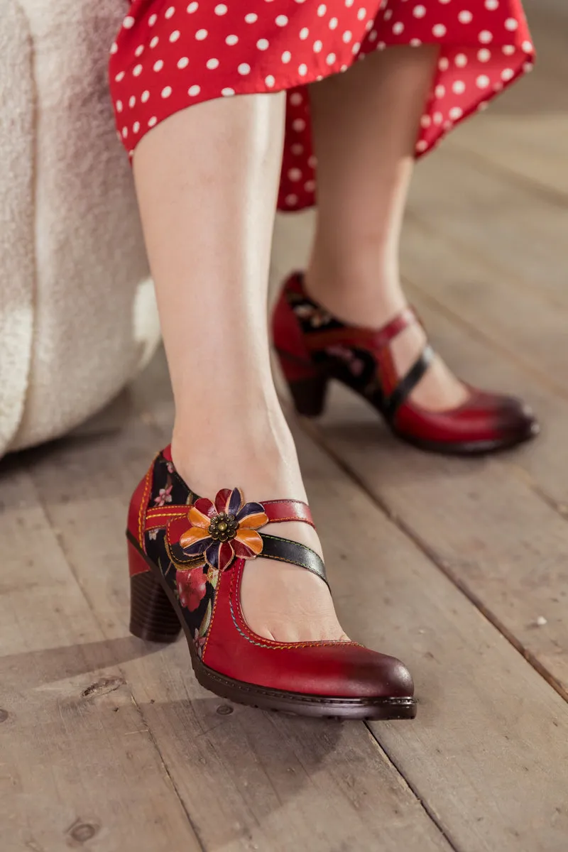 Crimson Flower Appliqued Leather Mary Jane