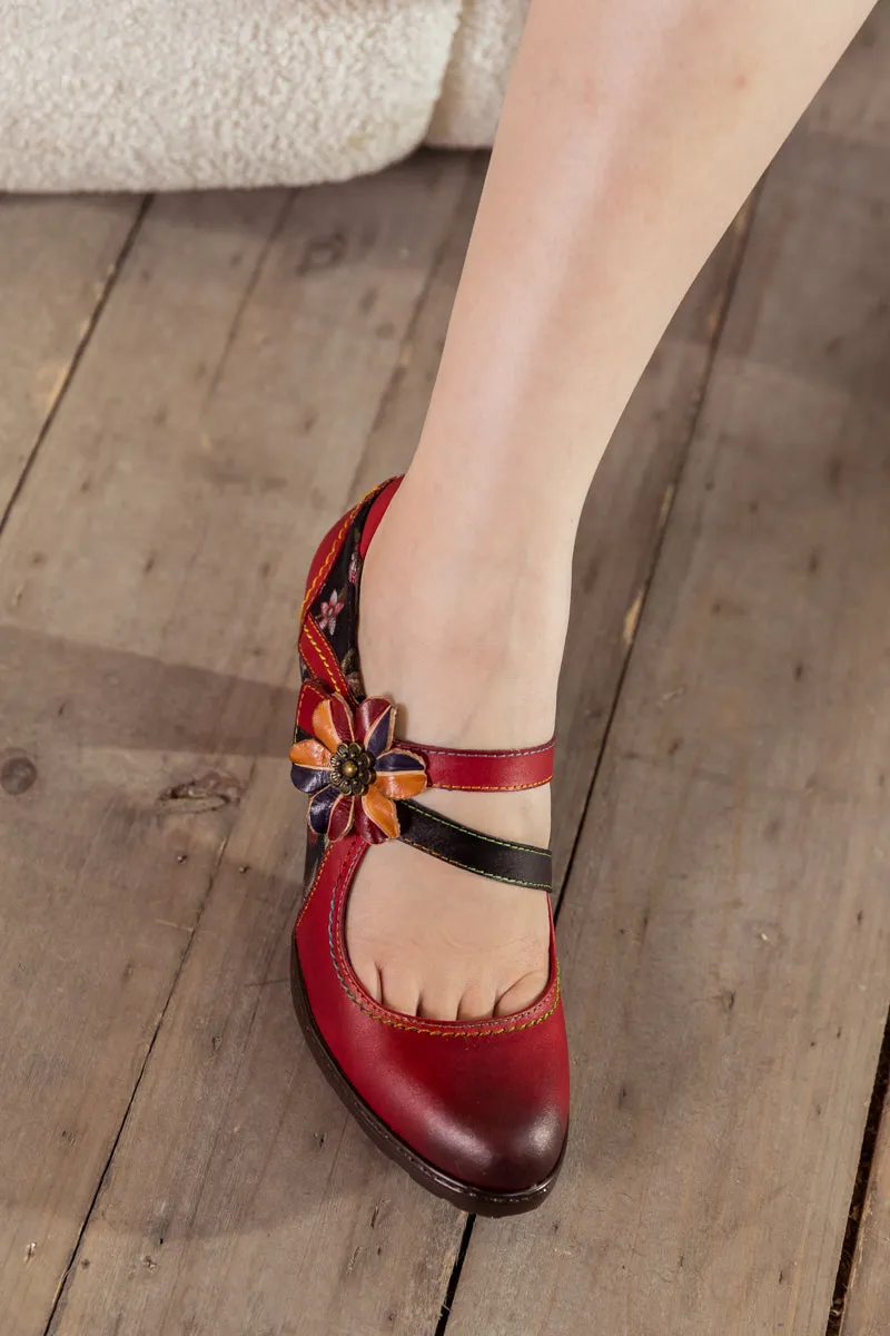 Crimson Flower Appliqued Leather Mary Jane