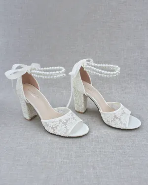 Crochet Lace Block Heel Sandals with Double Pearls Ankle Strap