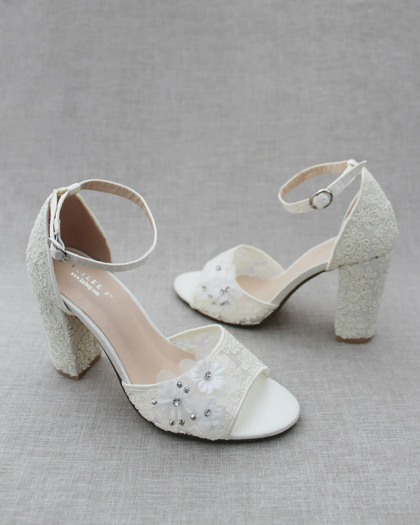 Crochet Lace Block Heel Sandals with White Flowers