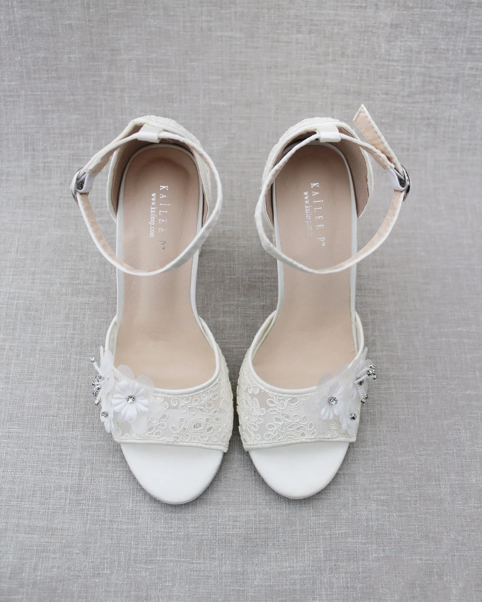 Crochet Lace Block Heel Sandals with White Flowers