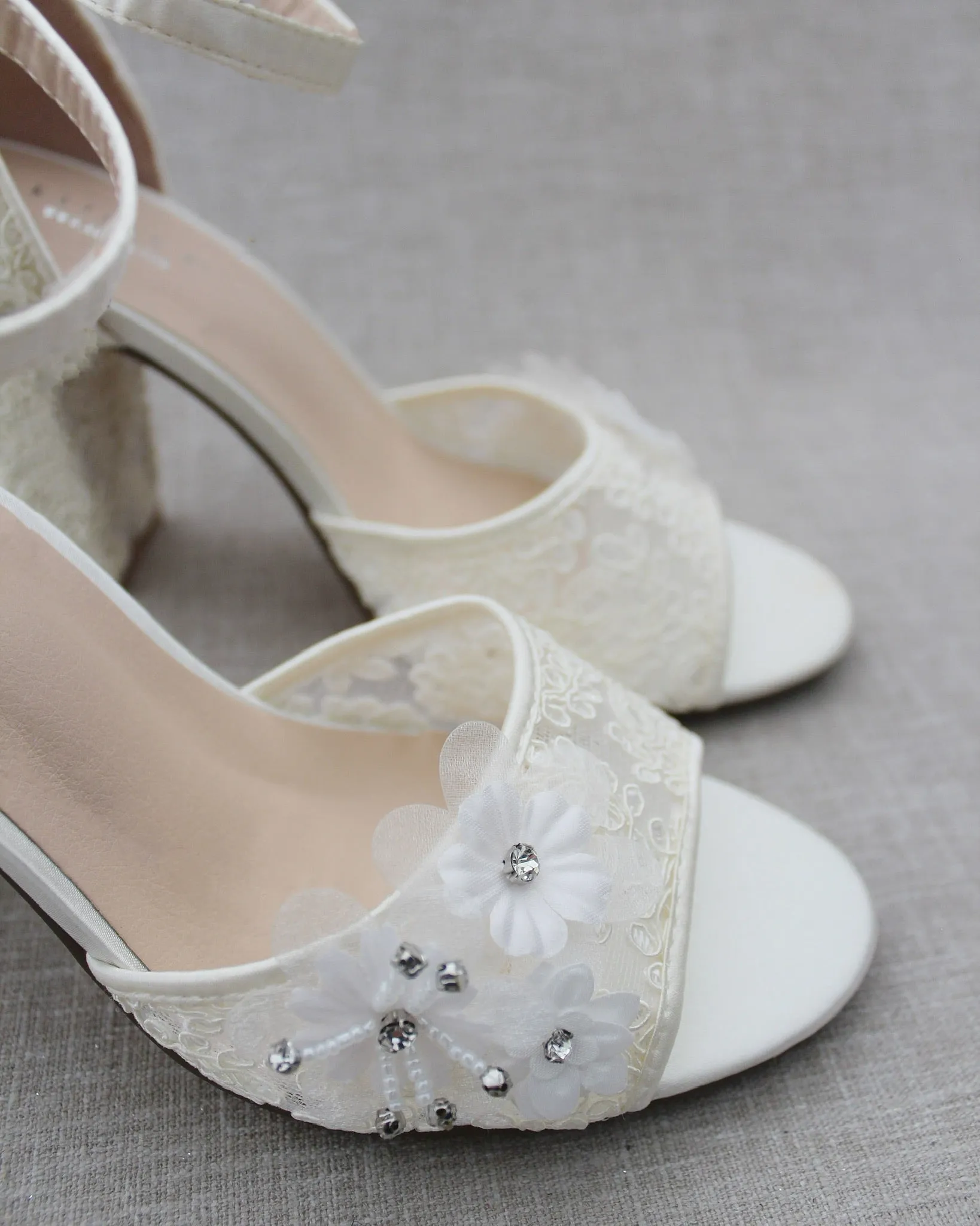Crochet Lace Block Heel Sandals with White Flowers