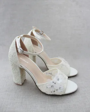 Crochet Lace Block Heel Sandals with White Flowers
