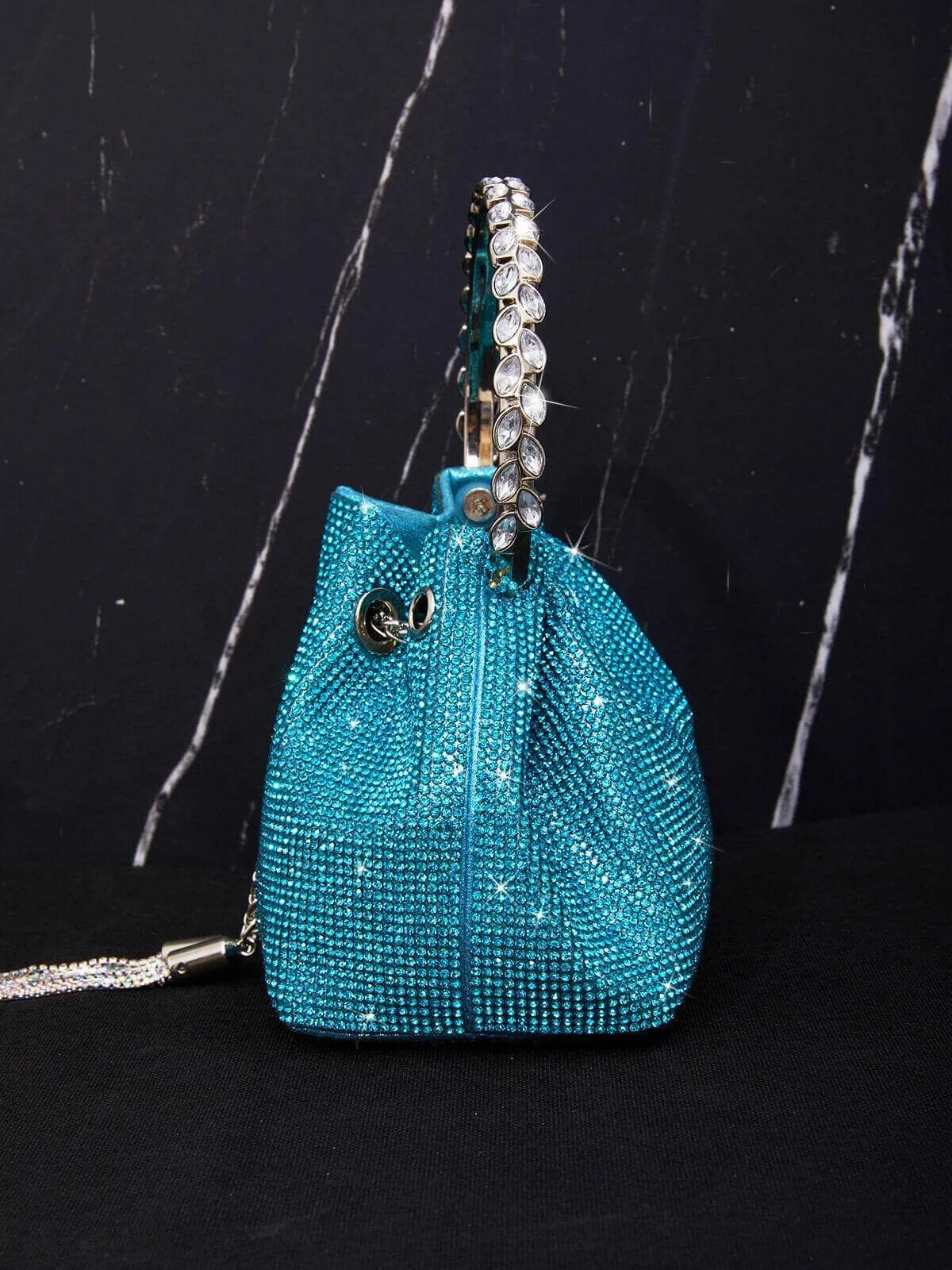 CRYSTAL EMBELLISHED BUCKET BAG IN BLUE