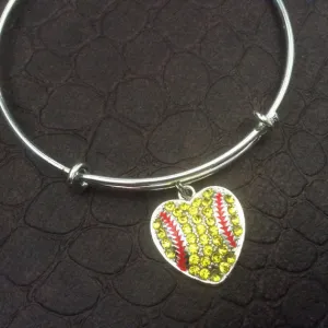 Crystal Heart Softball Charm on a Silver Expandable Bangle Bracelet Sports Team Coach Gift Adjustable