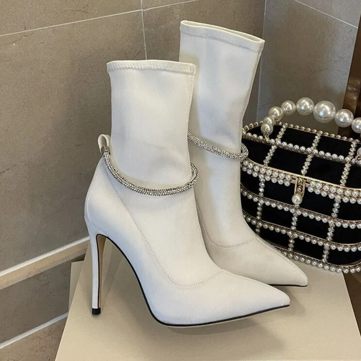 Crystal Strap Party Strip Shoes Women Pointed Toe Short Boots