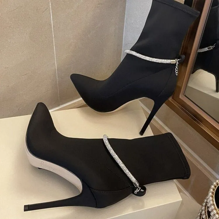 Crystal Strap Party Strip Shoes Women Pointed Toe Short Boots