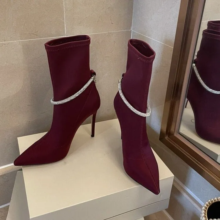 Crystal Strap Party Strip Shoes Women Pointed Toe Short Boots