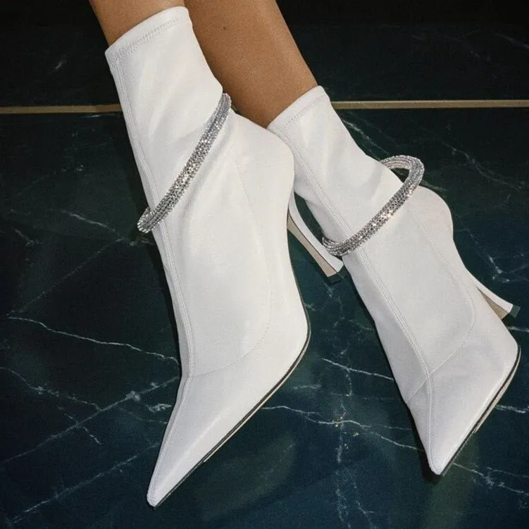 Crystal Strap Party Strip Shoes Women Pointed Toe Short Boots