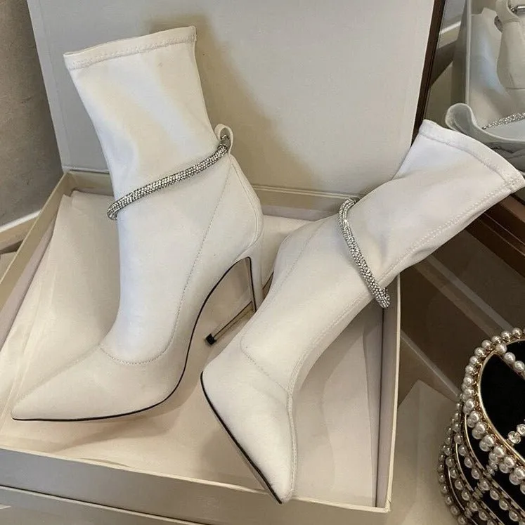 Crystal Strap Party Strip Shoes Women Pointed Toe Short Boots