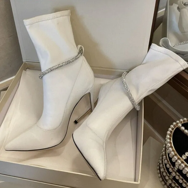 Crystal Strap Party Strip Shoes Women Pointed Toe Short Boots