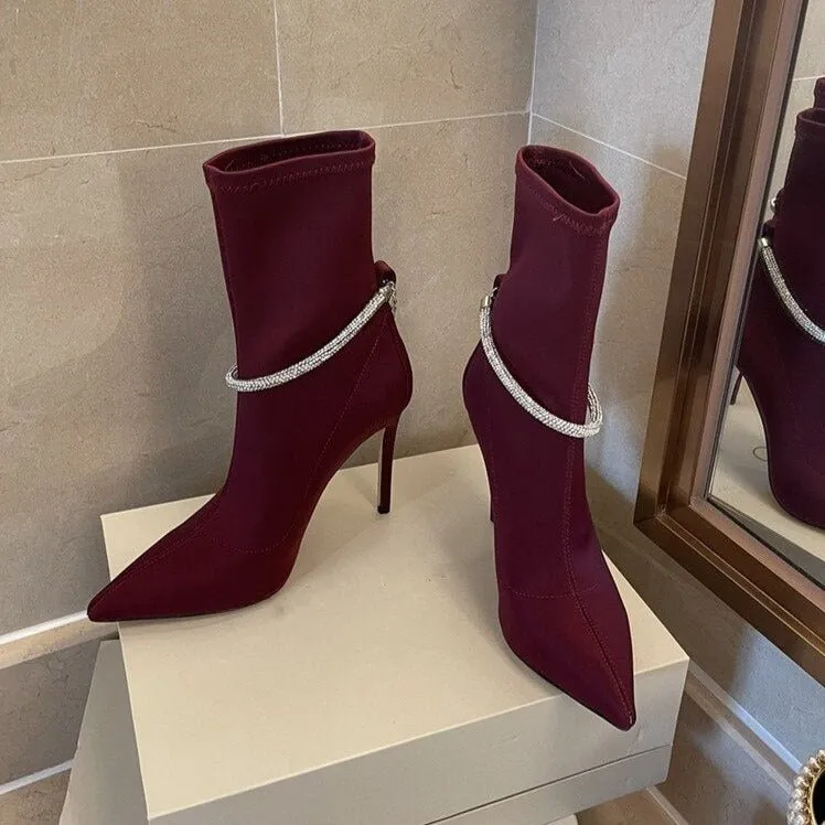 Crystal Strap Party Strip Shoes Women Pointed Toe Short Boots