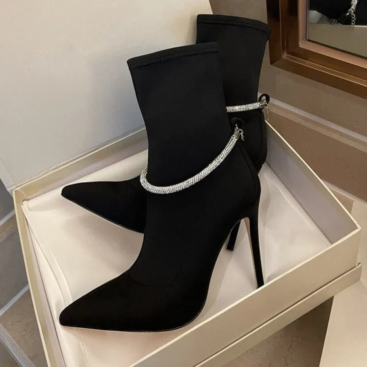Crystal Strap Party Strip Shoes Women Pointed Toe Short Boots