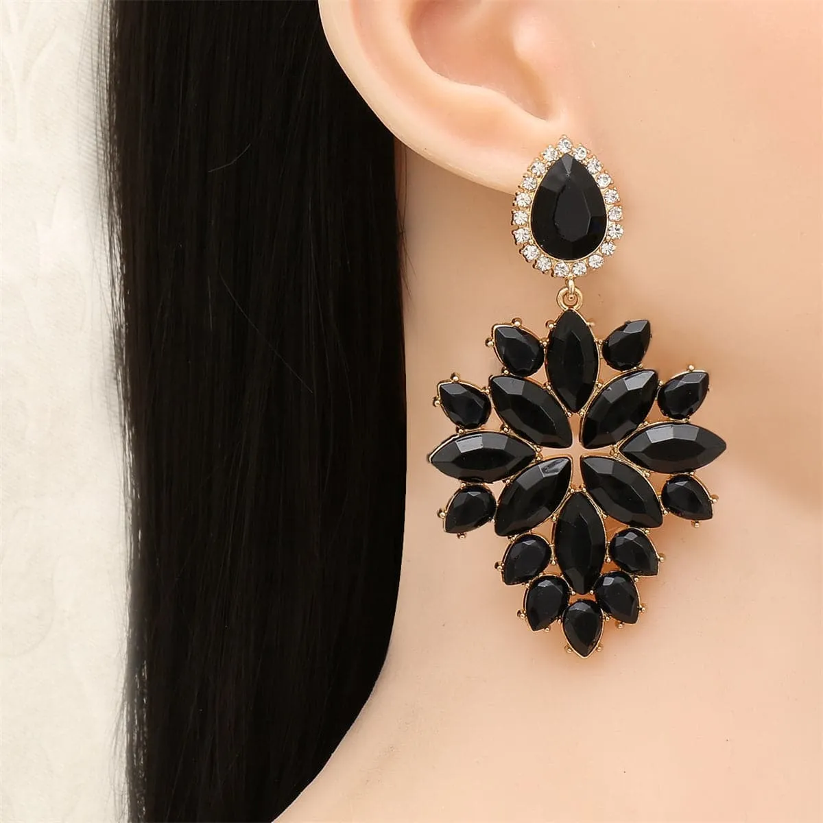 Cubic Zirconia & Black Crystal Marquise-Cut Cluster Drop Earrings