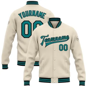 Custom Cream Teal-Black Bomber Full-Snap Varsity Letterman Jacket
