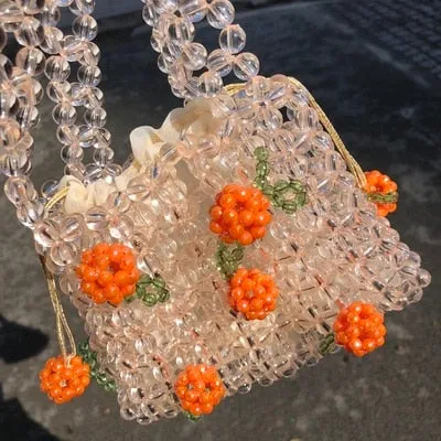 Cyflymder Retro Orange Beaded Bag Clear Crystal Jelly Clutch Bag Girl Beaded Woven Handbag for Woman Handmade Bags Luxury Designer Gifts for Women