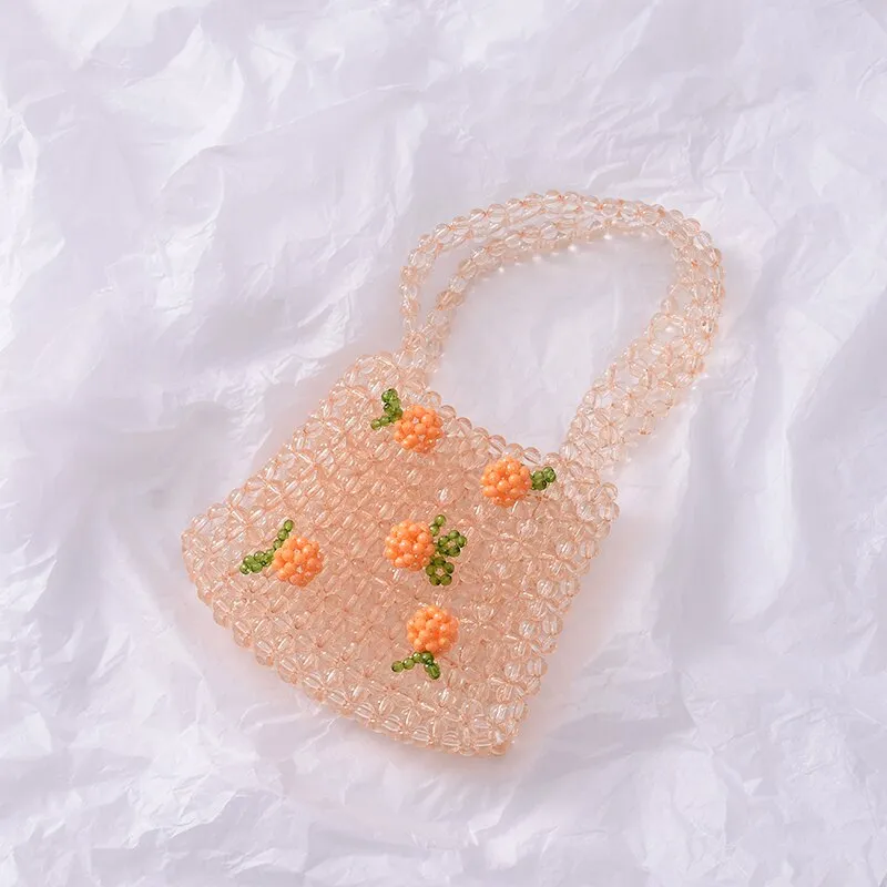 Cyflymder Retro Orange Beaded Bag Clear Crystal Jelly Clutch Bag Girl Beaded Woven Handbag for Woman Handmade Bags Luxury Designer Gifts for Women