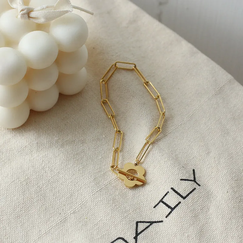 Daisy Flower 18K Gold Plated Stainless Steel Paperclip Chain T Bar Toggle Bracelets for Women