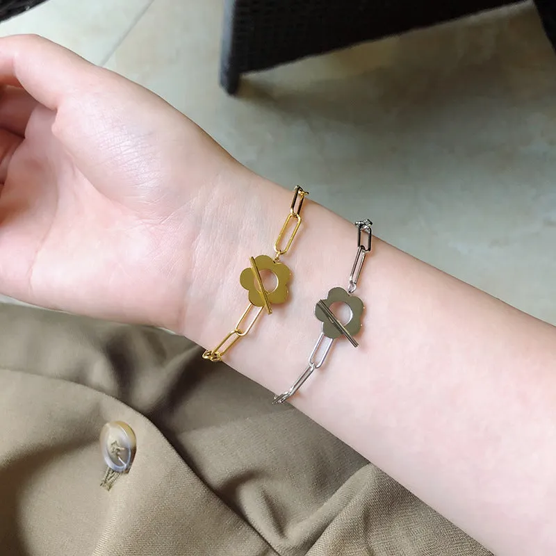 Daisy Flower 18K Gold Plated Stainless Steel Paperclip Chain T Bar Toggle Bracelets for Women
