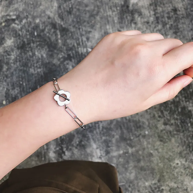 Daisy Flower 18K Gold Plated Stainless Steel Paperclip Chain T Bar Toggle Bracelets for Women