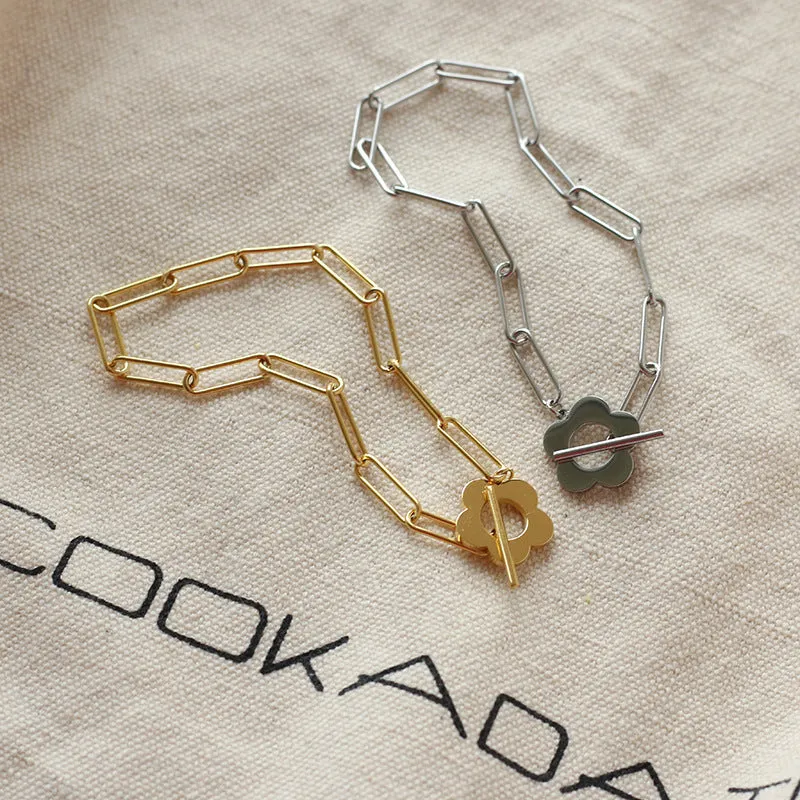 Daisy Flower 18K Gold Plated Stainless Steel Paperclip Chain T Bar Toggle Bracelets for Women