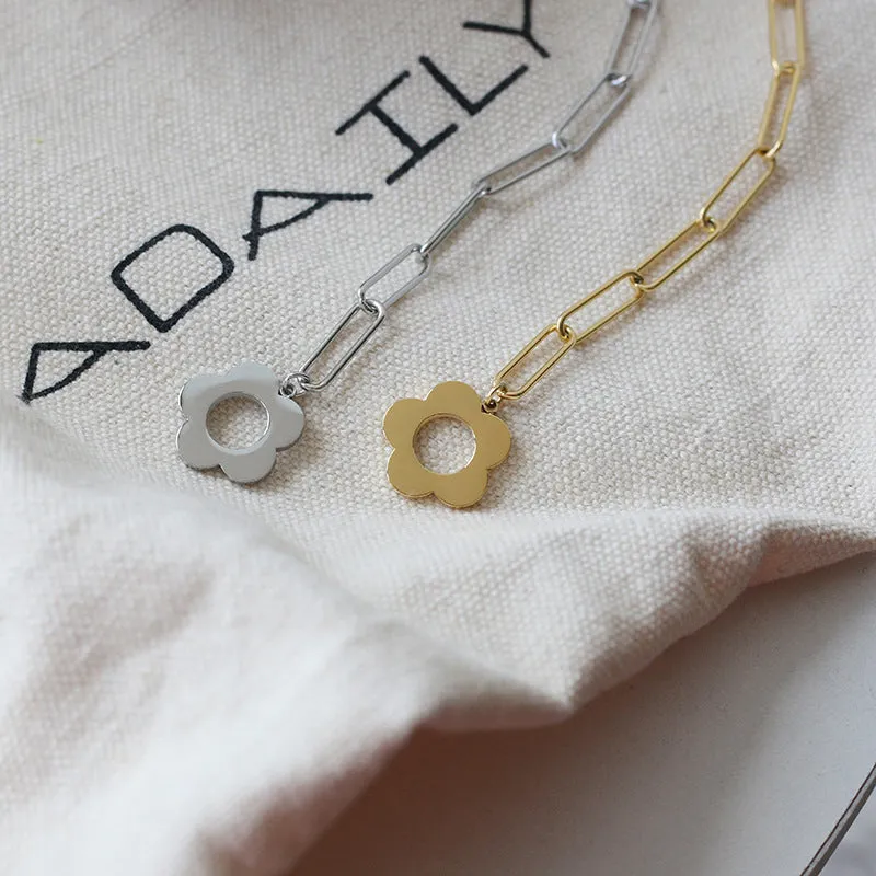 Daisy Flower 18K Gold Plated Stainless Steel Paperclip Chain T Bar Toggle Bracelets for Women