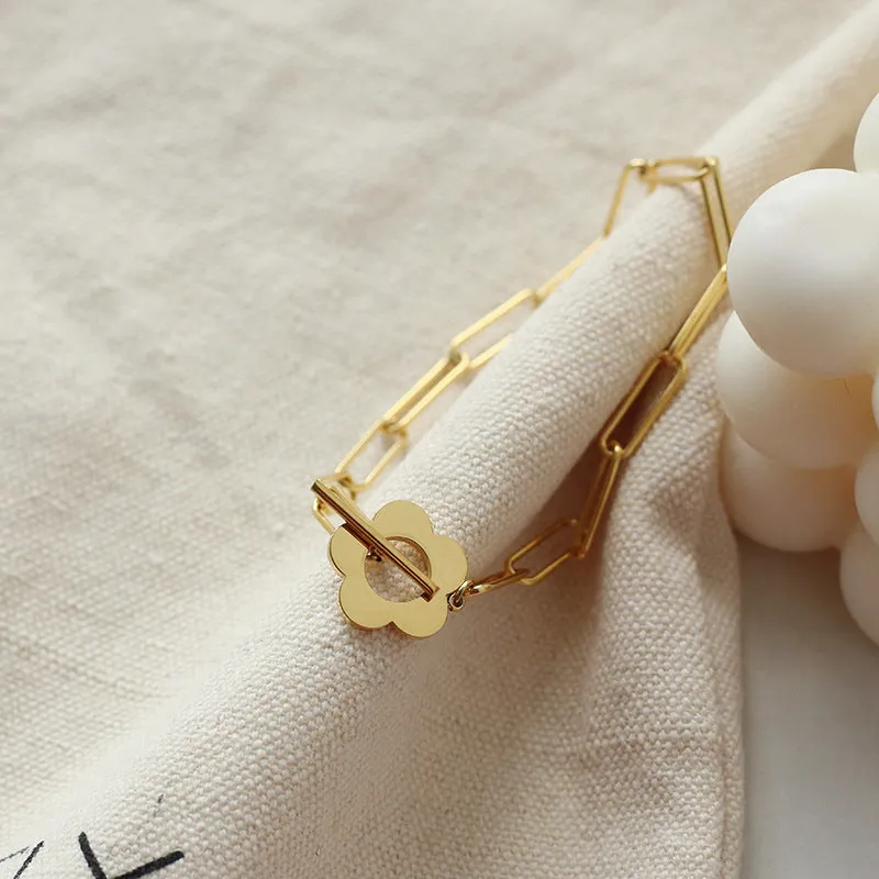 Daisy Flower 18K Gold Plated Stainless Steel Paperclip Chain T Bar Toggle Bracelets for Women