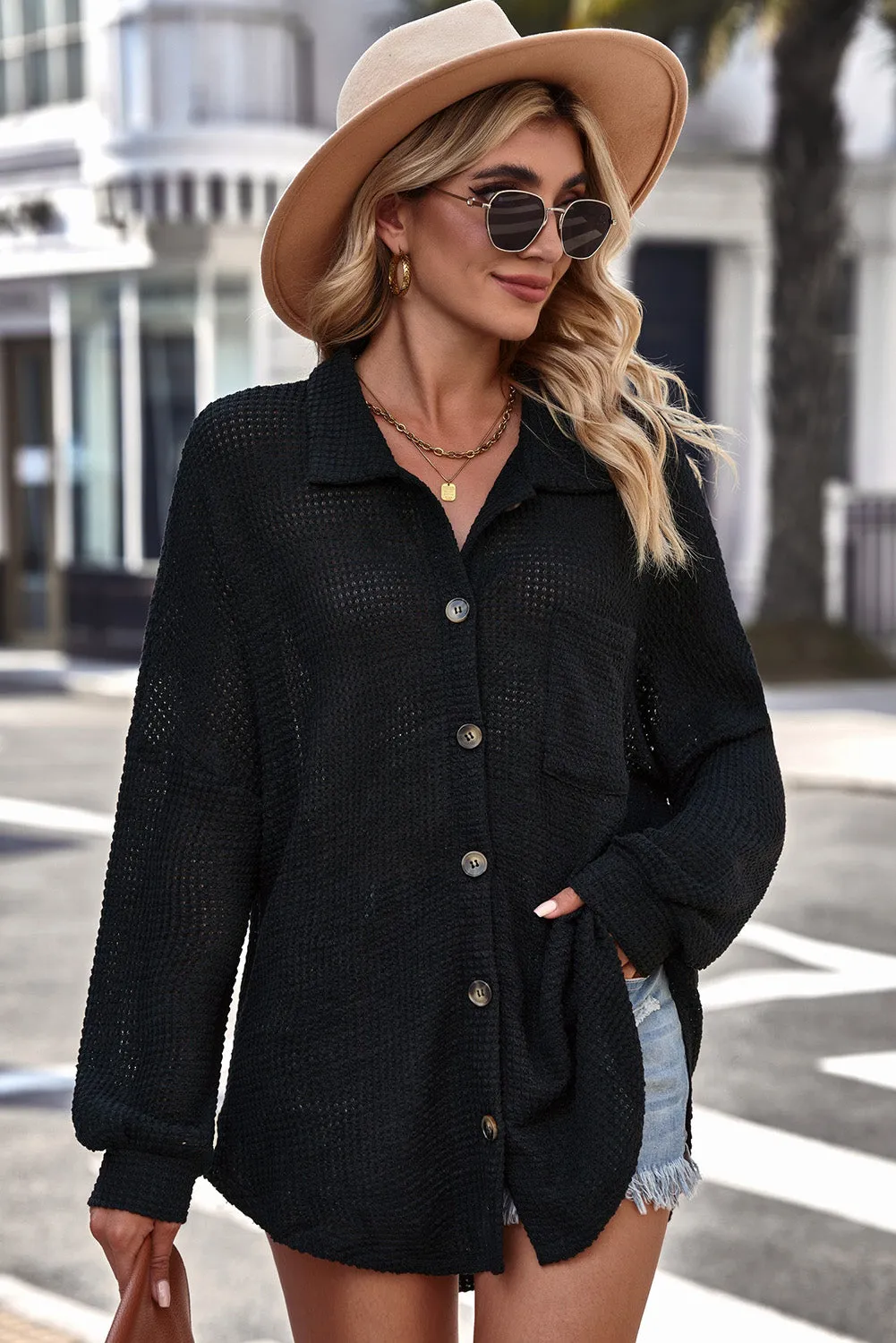 Dallas Waffle-knit Collared Neck Dropped Shoulder Shirt