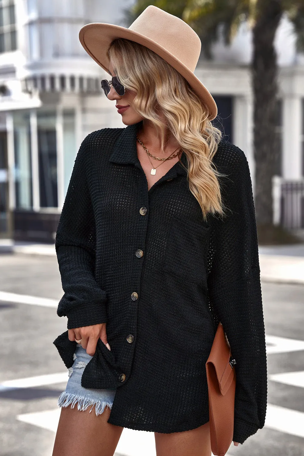 Dallas Waffle-knit Collared Neck Dropped Shoulder Shirt
