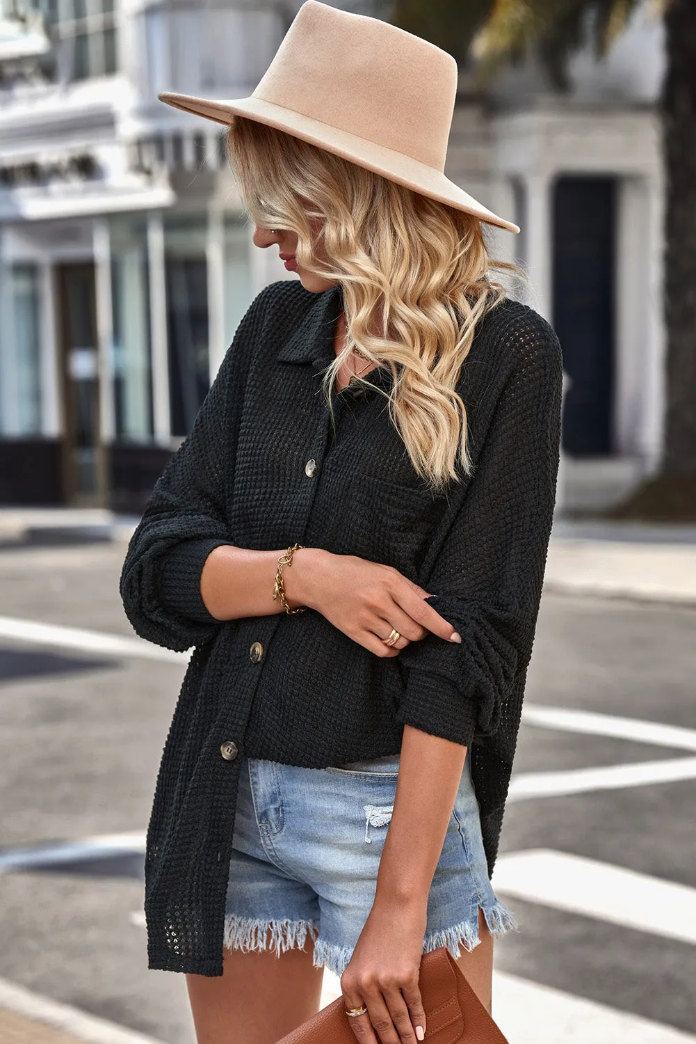 Dallas Waffle-knit Collared Neck Dropped Shoulder Shirt