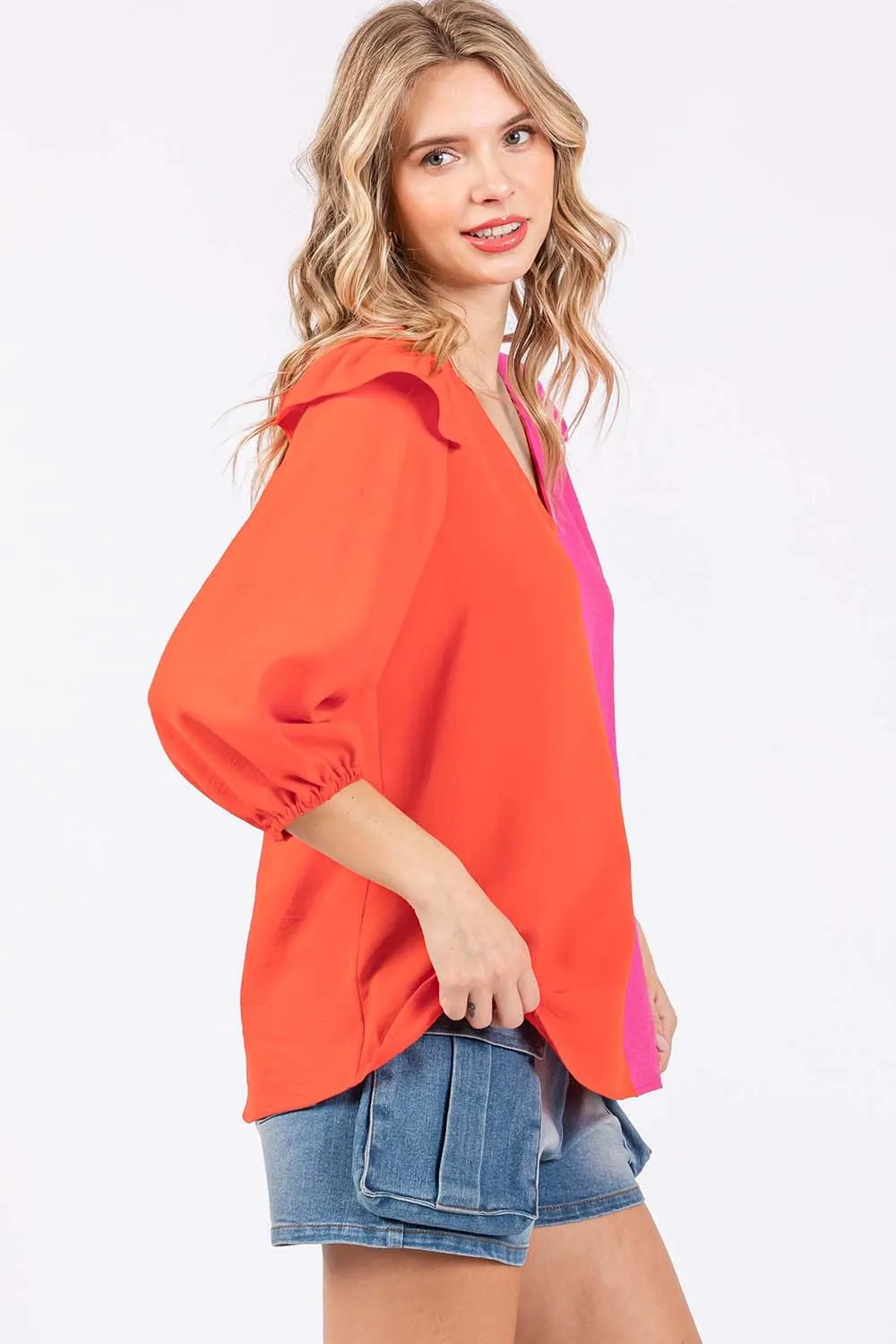 Dawes Full Size Ruffle Trim Contrast Blouse