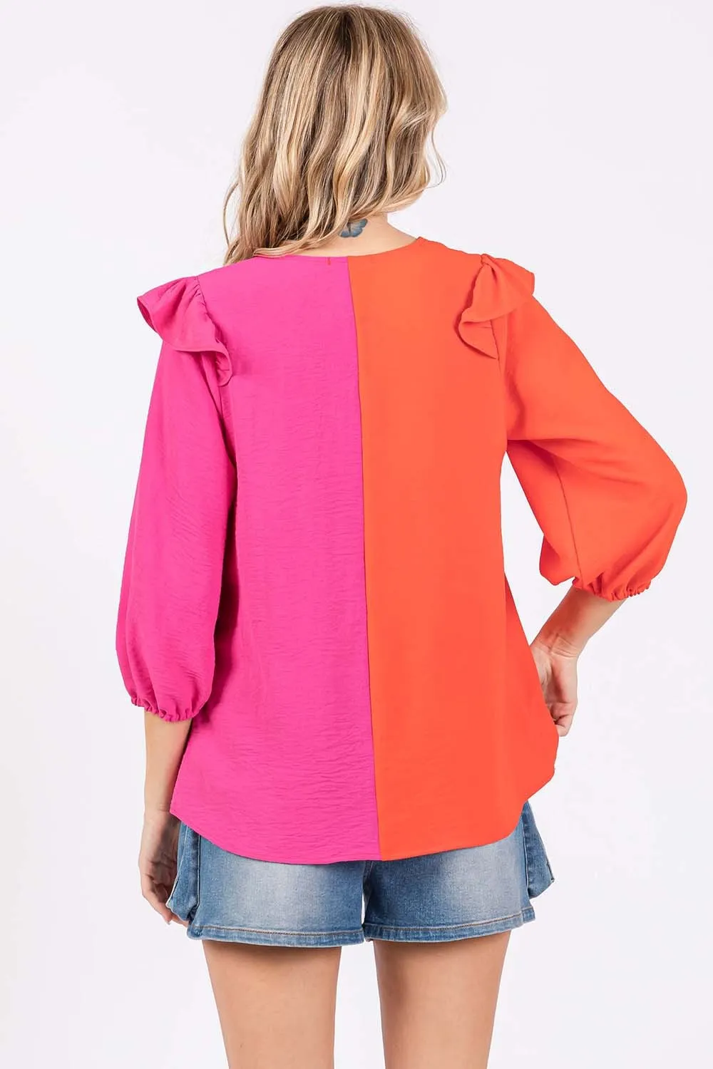 Dawes Full Size Ruffle Trim Contrast Blouse