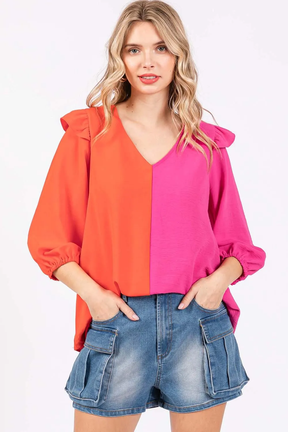 Dawes Full Size Ruffle Trim Contrast Blouse